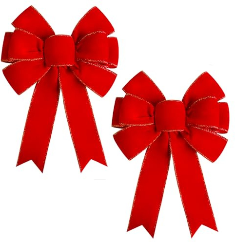 Satenwie Paquete de 2 lazos rojos de Navidad grandes de terciopelo para coronas, árboles, decoración exterior, al aire libre (16 x 24 pulgadas)