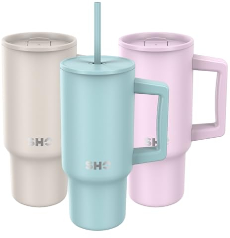 SHO XL Tumbler - Insulated Stainless Steel Reusable Water Bottle Iced Coffee Travel Mug with Handle, Straw Lid & Slider Lid - 900ml / 30 oz - Cold 24 Hours - Hot 12 Hours (Arctic Mist, 900ml)