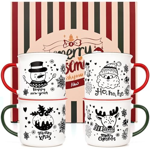 Joymaking Juego de 4 tazas navideñas, juego de tazas de café navideñas, juego de regalo para mujeres, amigos, muñeco de nieve, reno, bola de Navidad, decoración navideña, 370 ml