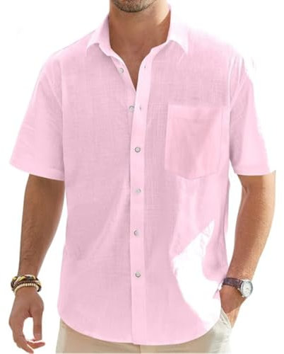 Men's Linen Cotton Shirts Short Sleeve Henley Shirt Regular Fit Casual Solid Shirt Lightweight Summer Beach Shirts with Pocket (Pink,L)