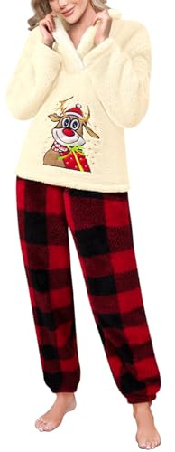Tuopuda Pigiama Natalizio Donna Invernale Pile Pigiami Due Pezzi, Pigiama Felpato Set da Casa Natale Felpa Manica Lunga e Pantalone Lungo Indumenti da Notte Loungewear