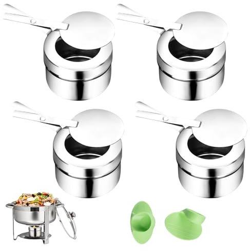 WIYETY Fuel Paste Container Paste Burner Made of Stainless Steel: Pack of 4 Burning Containers Fuel Paste Container with Cover, Portable Fondue Burner with Insulated Finger Cots, Windproof Alcohol