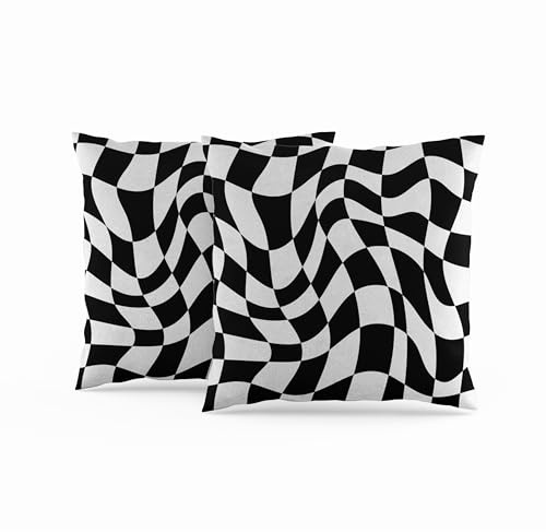 Karierte Kissenbezüge Schachbrett Kissen Schwarzweiß Wellenförmiges 45x45 | 45x45cm 2er-Set Verzerrtes Schachbrett Grafik Moderne Kissen Aus Leinenoptik Deko Sofa Kissenbezug Wohnzimmerfür Draußen