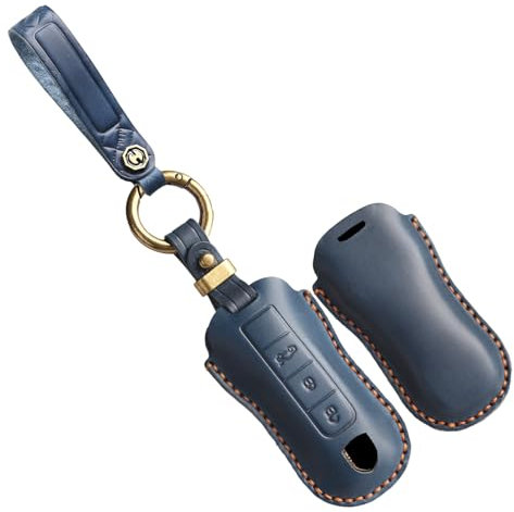 TECART Boîtier de protection pour clé de voiture - Convient pour Porsche 911 Cayenne Coupé Panamera Taycan Carrera 2020 2021 - Porte-clés - En cuir - 3 boutons - Bleu