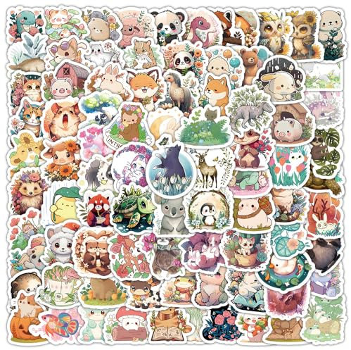 Glückliche Tiere kleine Aufkleber, 100 Stück niedliche Cartoon-Tieraufkleber Packs for Girls Kids Teen, Vsco Vinyl Waterproof