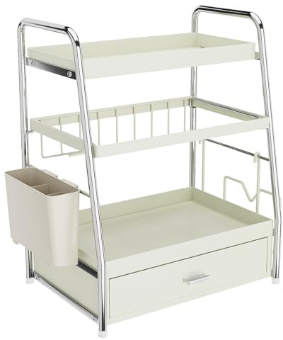 Cyni Expandable 2 Tiers Storage Organizers Portable Storage Rack for Kitchen and Bathroom with Drawer and Hook
