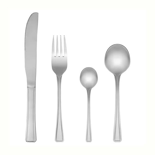 M&H 32 Piece Stainless Steel Cutlery Set, Tableware for 4 Place Settings, Durable Tableware with Elegant Handles, Includes Knives, Forks, Spoons & Teaspoons for Everyday Use (32, Stainless Steel)