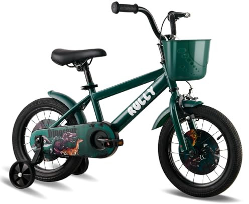 RULLY Dinosaur 12 Zoll Jungenfahrrad für Kinder von 2-3 Jahren, grün, mit abnehmbaren Stützrädern, Rücktrittbremse und Handbremse, Korb