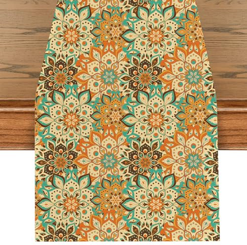 Mandala Tischläufer, Boho Style Vintage Leinen Tischdecke, Waschbar Bunt Tischband, Küche Dekoration Drinnen Urlaub Party Tischdeko für Hochzeit Bankett Geburtstag Restaurant, Grün 40 x 140 cm