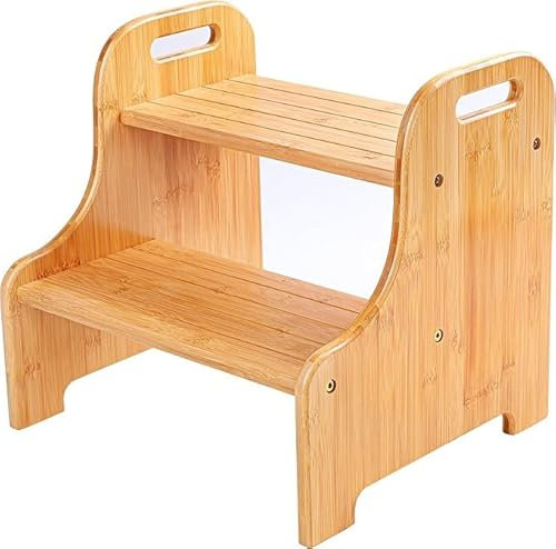 Tabouret à 2 marches en Bois pour Enfants avec Surface antidérapante,Marchepied 2 marches antidérapantes en Bambou avec 2 poignées Portables,Polyvalent et Robuste,Naturel