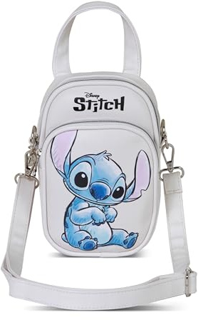 Disney Stitch Mini Umhängetasche mit Doppeltasche Beige 20x15x7 cm | Kleine Tasche kompaktes Design, verstellbarer Riemen und Reißverschlüsse für Alltag Damen