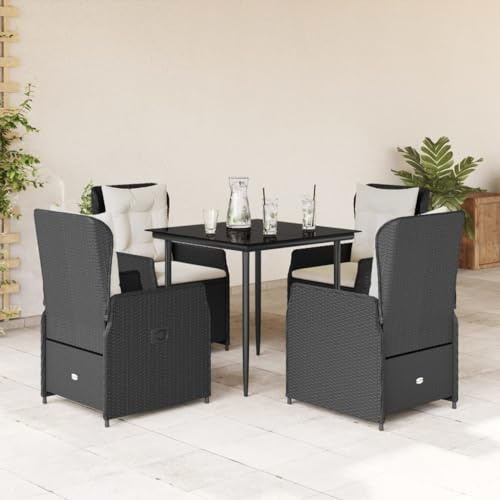 QJBSAVVA 5-TLG Garten-Essgruppe Schwarz Poly Rattan mit Verstellbarer Lehne 93 cm Höhe Glas-Tisch 80 x 80 cm für kleine Balkons Terrassen Gartenlounge Outdoor