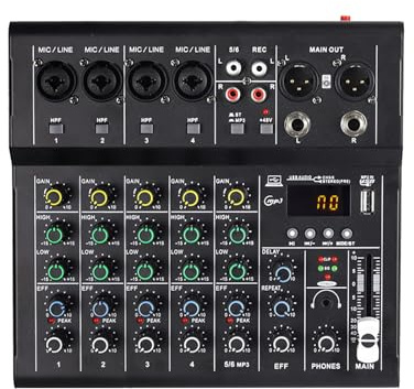 Fockety Table de Mixage Audio 6 Canaux, Table de Mixage DJ Professionnelle avec USB, Bluetooth, Alimentation Fantôme 48 V et Lecteur MP3, Contrôleur DJ, Console de Carte Son (BLACK)