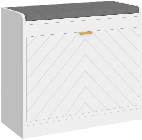 HOMCOM Shoe Storage Bench Narrow Cabinet 1 Flip Drawers, 5 Pairs, White