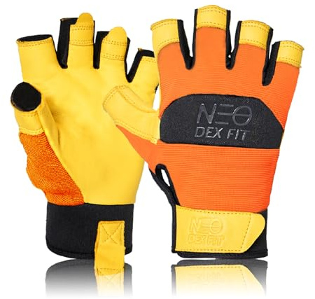 DEX FIT MG210P Fingerlose Arbeitshandschuhe, Wasserdichtes Leder, Offene Finger für Angeln, Mechaniker, Montage, Rutschfest & Waschbar; Orange/Gold S 1 Paar