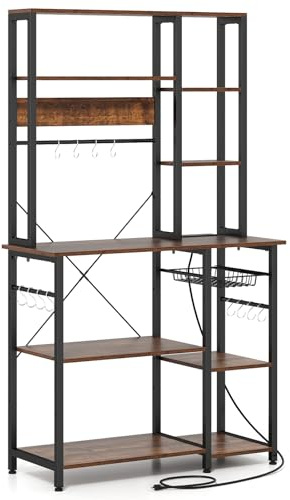 TANGZON 9 Tier Baker’s Rack with Power Outlets, Metal Frame Microwave Stand with 12 Hooks, Pull-out Basket & Anti-tipping Device, Industrial Kitchen Shelves Unit Coffee Bar Stand for Spices Pots Pans