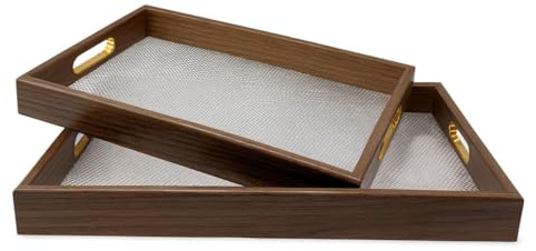 2-Piece Wooden Serving Tray Set with Handles – Elegant Rectangular Serving Platters/Trays for Tea, Coffee, Snacks & Breakfast | Kitchen & Dining Trays | Party Serving and Platters (Brown 3)