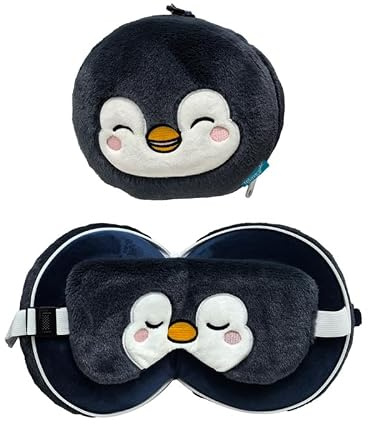 Relaxeazzz Adoramals Nico der Pinguin Plüsch-Reisekissen & Augenmaske – Schlaf-Augenmasken – Kinder-Reisezubehör zum Schlafen im Flugzeug – Flugzeug, Nackenkissen
