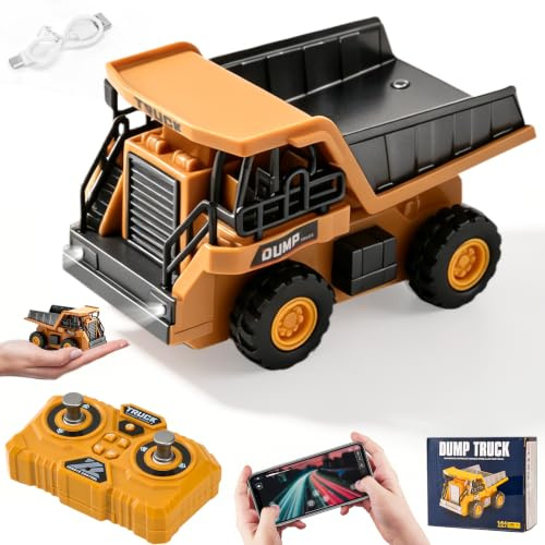 LTFIOON Mini Ferngesteuerter Muldenkipper, 1:64 RC Kipper aus Metall mit APP-Steuerung & 2,4GHz Fernbedienung, RC Baufahrzeug Spielzeug mit Licht & Sound, 3 Geschwindigkeiten, USB Wiederaufladbar