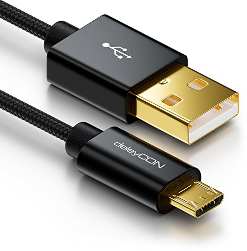 deleyCON Micro USB Kabel 2m Nylon + Metallstecker - Ladekabel Datenkabel Schnellladekabel - Smartphone Tablet PC Laptop Notebook - Schwarz
