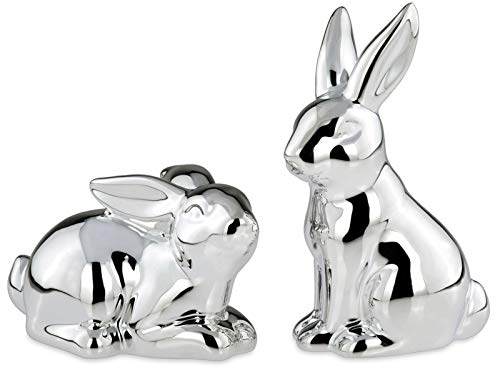 H.Bauer jun. kleine Deko Hasen Figuren Porzellan ca. 6/12.5 cm - glänzendes sitzendes/liegendes Osterdeko Hasenpaar - Silberne Osterhasen Frühjahresdeko zum hinstellen