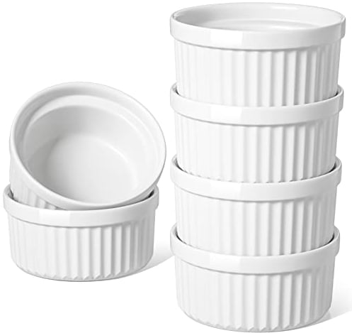 LE TAUCI 6 X 230 ml Ramequins en Céramique, Ramequins Creme Brulee Résistants au Four, Ramequins Empilables pour la Cuisson, la Trempette, le Dessert, Lot de 6, Blanc