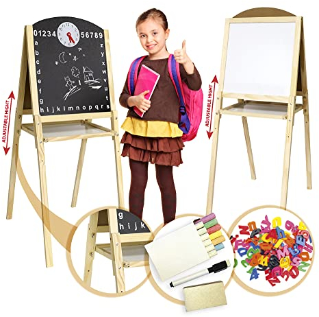 Leomark Kindertafel aus Holz - XXL Schreibtafel mit Zubehör 104, Maltafel für Kinder mit Uhr, Höhenverstellung, Höhe: 109 cm