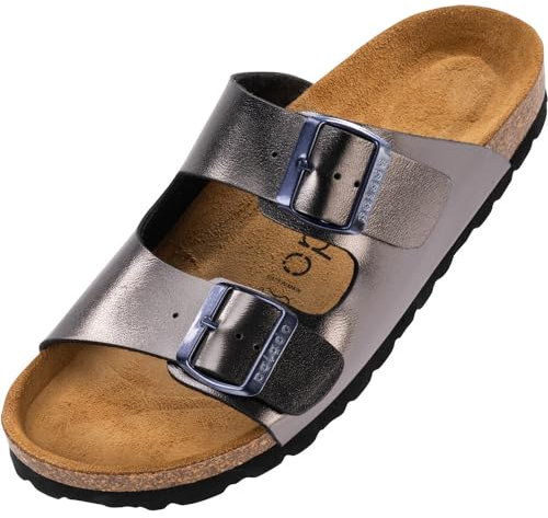 Palado Pantoletten Damen Korfu Metallic - gefertigt in Spanien - edles Metallic-Design - Veloursleder-Decksohle - ergonomisches Weichfußbett - EVA-Sohle Anthrazit UK9 - EU42