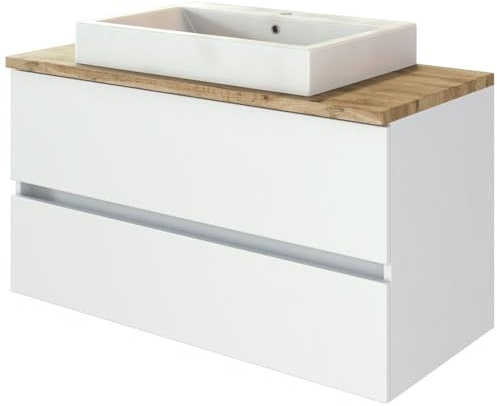 Lomadox Waschtisch-Unterschrank 100 cm inkl. Keramik-Aufsatzbecken in matt weiß mit Absetzung in Wotaneiche Nb., B/H/T: ca. 100/63/48 cm