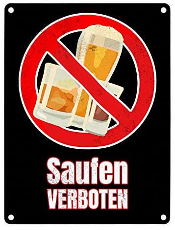 Saufen verboten Verbotsschild im Comic-Stil in Schwarz kein Alkohol Hinweisschild Alkoholverbot Warnschild Metallschild in 15x20 cm für alle die etwas gegen Alkoholgelage haben