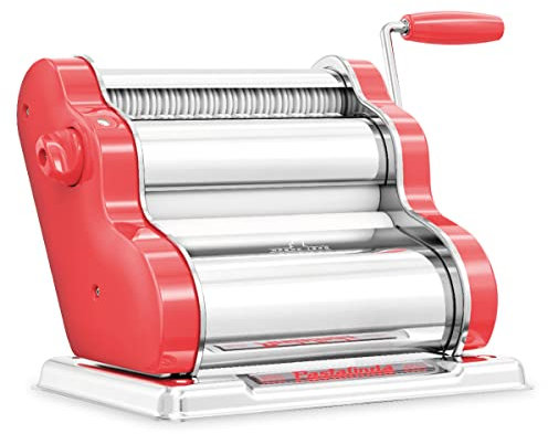 PASTALINDA Classic 200 Pasta Maker Maschine, 20 cm breite Rollen, 9 Dickenpositionen, 2 Schneidpositionen, Edelstahl Inklusive verstärkter Handkurbel und zwei Klemmen (Koralle)