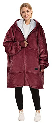 Catalonia Classy Felpa con Cappuccio Oversize con Cerniera, Coperta Sherpa Indossabile, Maglione Indossabile Caldo Super Morbido, Felpa Gigante Cuscino da Viaggio Maglione Uomo Donna, Vino