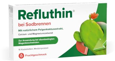 Refluthin bei Sodbrennen 16 Kautabletten mit Fruchtgeschmack, aluminiumfrei | Lindert Sodbrennen, Reflux & saures Aufstoßen, schützt die Speiseröhre mit Feigenkaktusextrakt, gut verträglich & zuverlässig