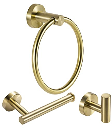 YUET Bathroom Hardware Accessories Set - SUS 304 Stainless Steel Brushed Wall Mounted Rack, Towel Ring Bar + Toilet Paper Roll Holder + Robe Hook, Bath Accessory Hooks (Brush Brass)