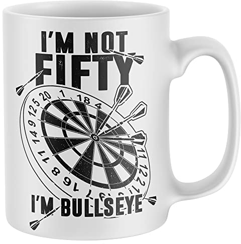 Purple Print House 50th Birthday Darts Mug, Funny 50 Year Old Coffee Cup, Dart Player Bday Gift for Fifty Year Old, Present For Dad Bullseye Tea Mug, One Size, White