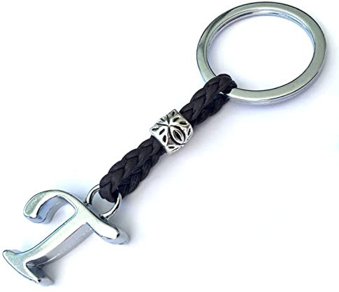 ASTER ALHELÍ - Porte-clés Homme ou Femme en Cuir Avec Initiales - Lettres et Perles en zamak Argenté - Porte Cles Personnalisée (T)