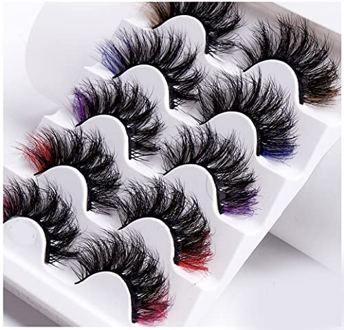 Colored Lashes, 5D False Lashes with Color Faux Mink Eyelashes Wispies Fluffy Colored Eyelashes Dramatic Strip Lashes for Christmas Cosplay Costumes Fake Eyelashes 5 Pairs Pack
