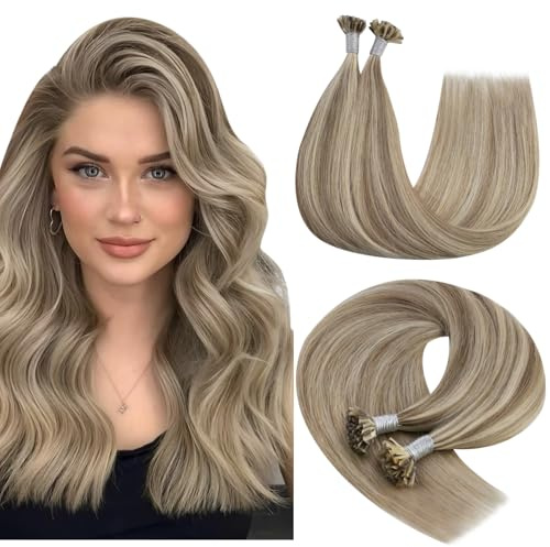 YoungSee U Tip Hair Extensions Light Brown Highlight Utip Human Hair Extensions for Working U Tips Extensions Light Brown with Blonde Highlight 20In 50s/50g