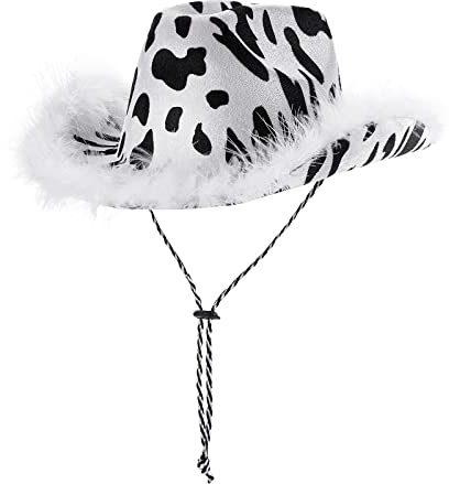 Geagodelia Filz Cowboyhut Damen Flauschig mit Federn Krempe Tiara Cowgirl Kostüm Hut Erwachsene Halloween Kostüme Hut Karneval Partyhut (Kuhmuster Federn, Einheitsgröße)