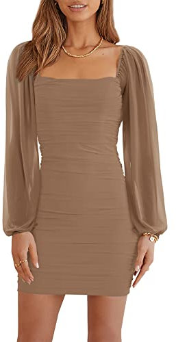 Wenrine Women's Dress Mesh Long Sleeve Square Neck Party Dress Ruched Club Cocktail Bodycon Mini Dress(Khaki,M)
