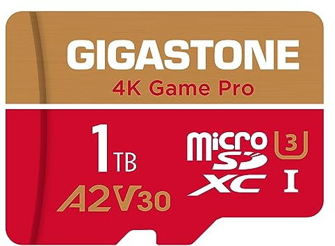 [5 Jahre kostenlose Datenwiederherstellung] GIGASTONE 1TB Micro SD Karte, 4K Game Pro, bis zu 150/130 MB/s, MicroSDXC Speicherkarte für Nintendo Switch 1 Gopro DJI, A2 V30 U3 +Adapter