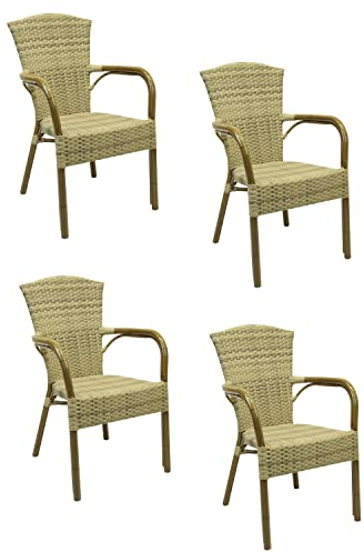 Konway 4X Colombo Stapelsessel Elfenbein Polyrattan Garten Sessel Stuhl Set Gartenstühle Gartenmöbel Terrasse Balkon Sitzgruppe Outdoor Lounge Möbel