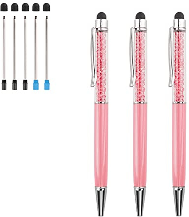 Penne a sfera 3 pezzi 2 in 1 Bling Crystal Diamond Pen Touch Screen capacitivo stilo con ricariche di ricambio Nero Blu Inchiostro Gomma Punte per iPhone iPad Kindle Dispositivi Touchscreen (Rosa)