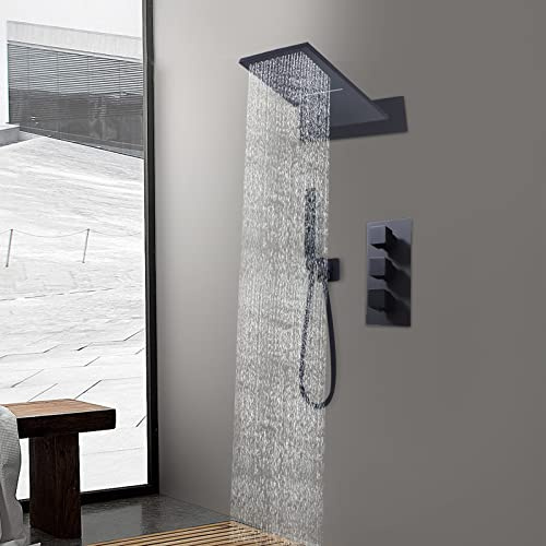 Mitigeur de douche thermostatique avec pommeau de douche et pommeau de douche encastré Noir