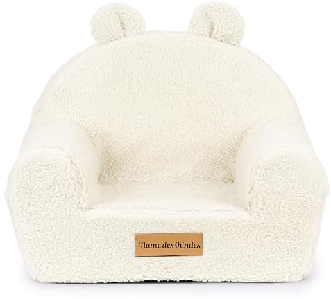 Flumi Personalisierte Kindersessel – Babysessel Schaumstoff- Kindersitz fur Kinderzimmer Spielzimmer Boucle Sessel mit Gravur Kindername – Farbe: Hellbeige