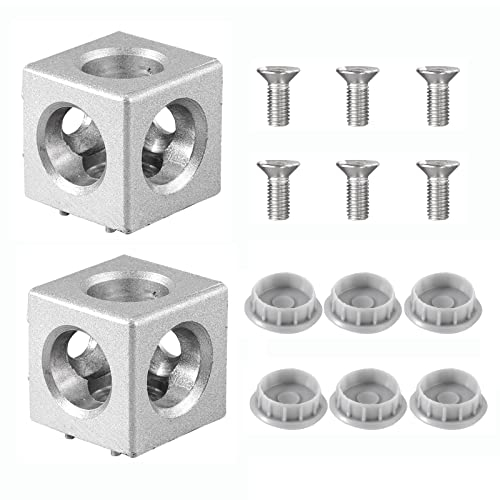JiGiU 2 Stück Würfelverbinder 3D Eckhalterungswürfel für 3030 Aluprofil 8mm Schlitz Würfelecke inkl. M8*20 Schrauben und Abdeckkappen für Eu-Standard Aluminium Extrusion Profil (Silber)