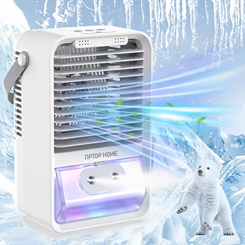 Aire Acondicionado Portátil, Mini Enfriador de Aire Portátil 4 en 1 USB Recargable de Hielo&Humidificador Función, 3 Velocidades Mini Aire Acondicionado para el Hogar, Oficina