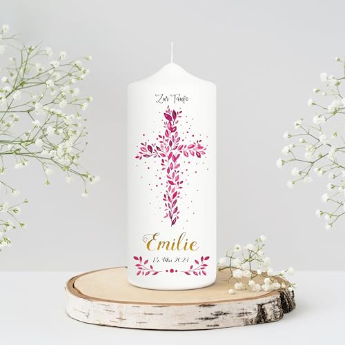 Wandtattoo Loft Taufkerze Mädchen personalisierte Patenkerze, Motiv mit Kreuz aus pinken Blättern, 18cm x 7cm, personalisierte Kerze, bedruckte Kerze Taufe, Geburtskerze, Stumpenkerze, Taufgeschenk