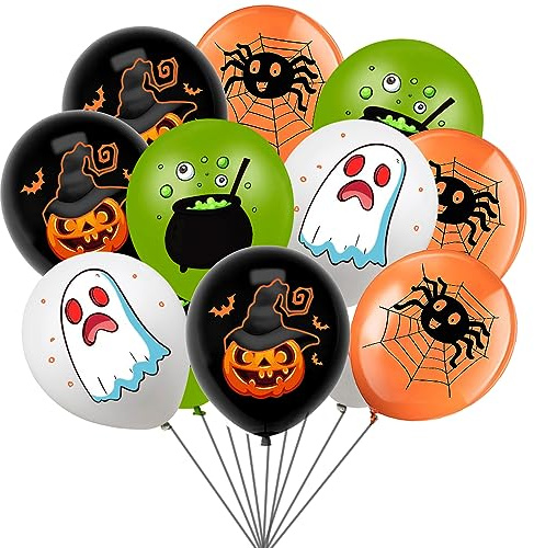 20pcs 4styles Green Black Orange White Halloween Balloons,12inch Pumpkin Ghost Spider Poison Latex Balloons for Halloween Thanksgiving Gift Birthday Party Decorations Adults