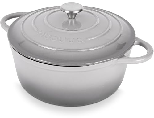 Cazuela de Hierro Fundido con Tapa – Esmaltada, Antiadherente, Apta para Horno hasta 500° F – Ollas Holandesas Robusta – Gris, 6.4 Cuartos, 28cm – por Nuovva